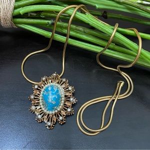 Vintage Cabochon Pearl Rhinestones Sunburst Pendant Round Snake Chain Necklace